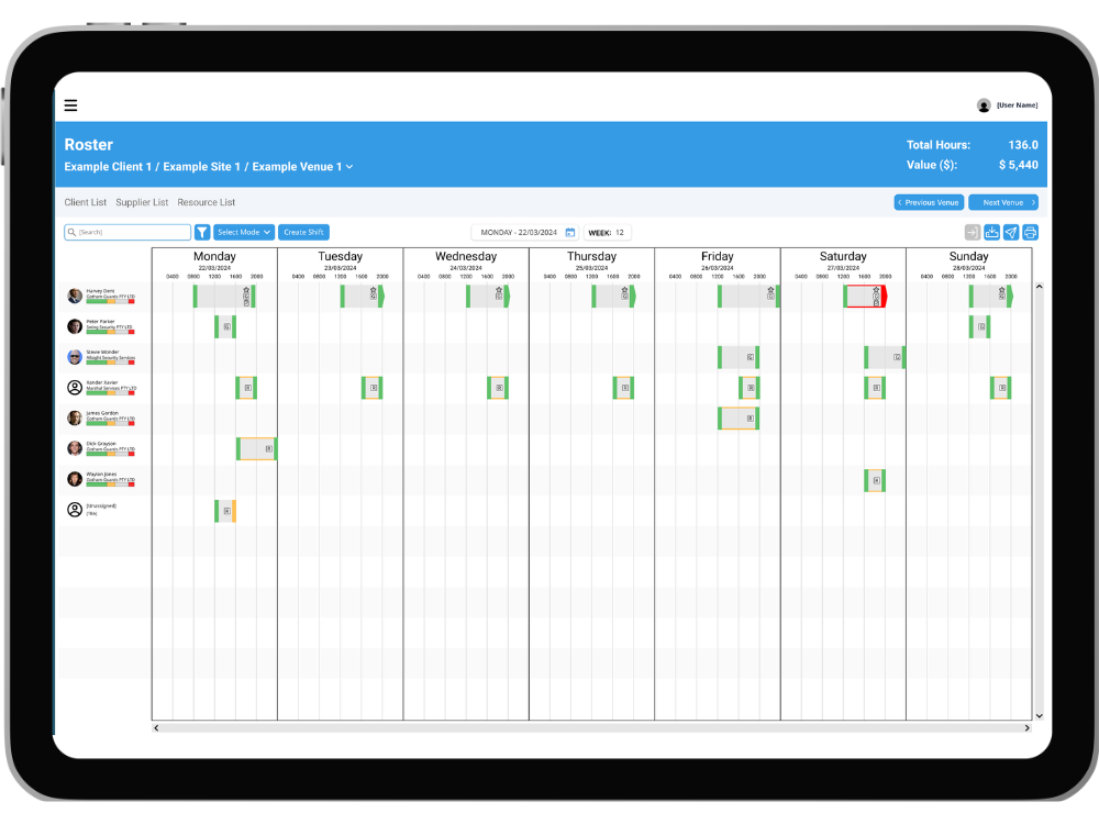 A TaskEzy Roster displayed on a tablet. A number of resources attached to a venue are displayed with their shifts in a weekview. The shifts are colour-coded by status.